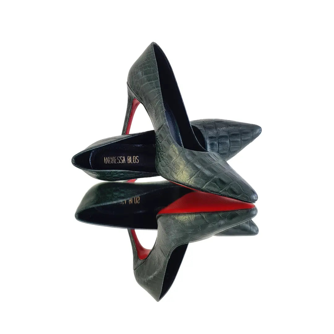 Scarpin Couro Legítimo Verde Croco Salto Alto 10cm Sola Vermelha