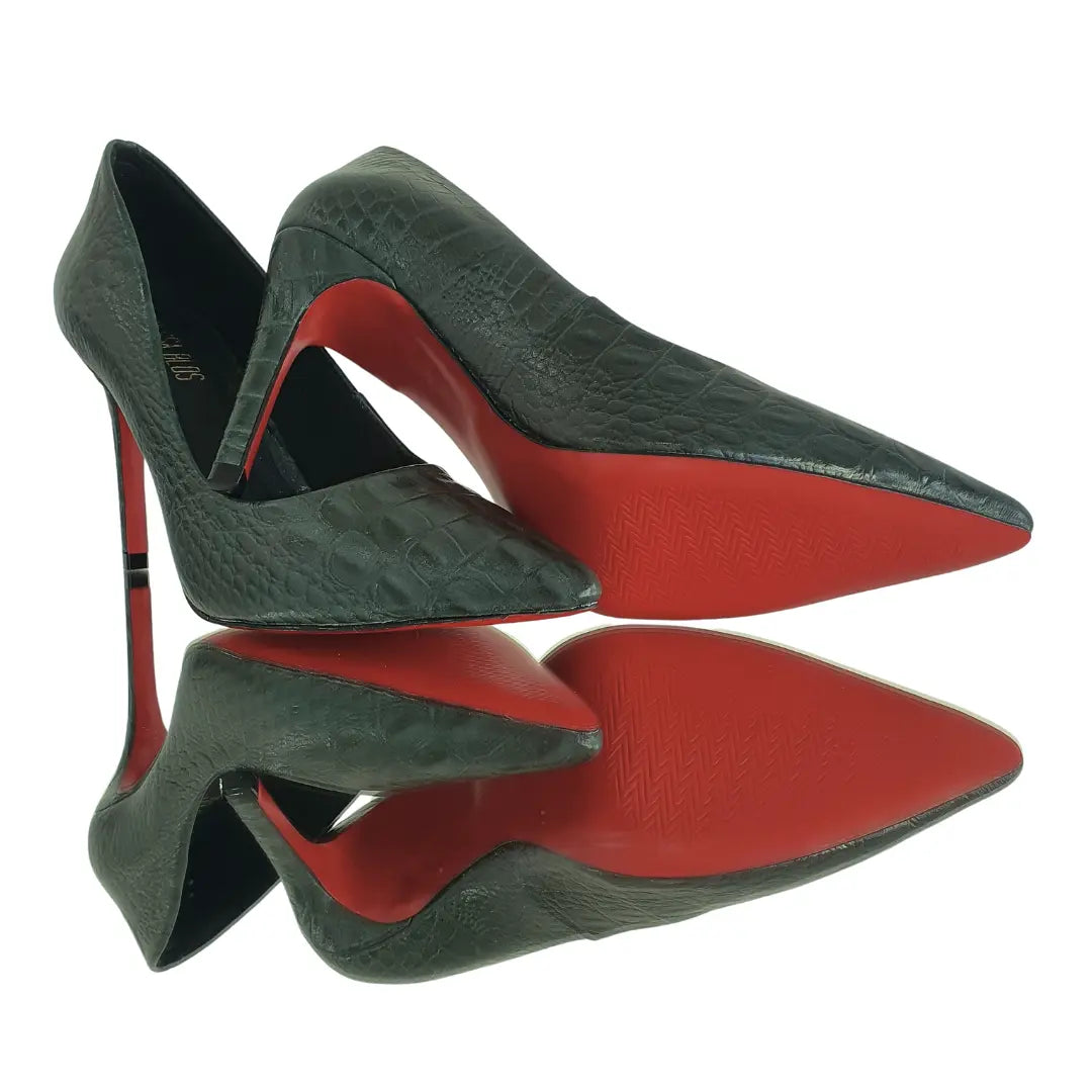Scarpin Couro Legítimo Verde Croco Salto Alto 10cm Sola Vermelha
