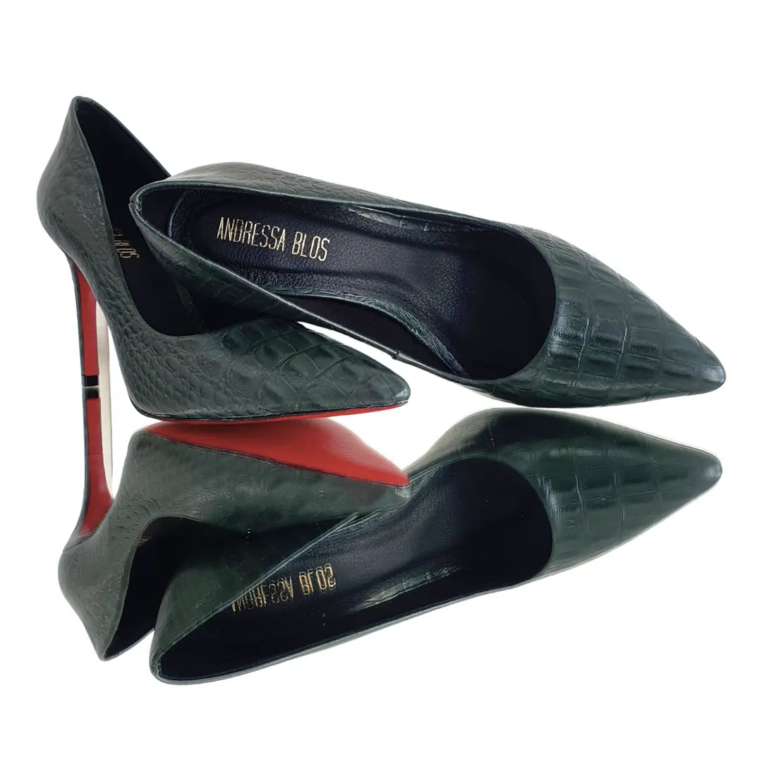 Scarpin Couro Legítimo Verde Croco Salto Alto 10cm Sola Vermelha
