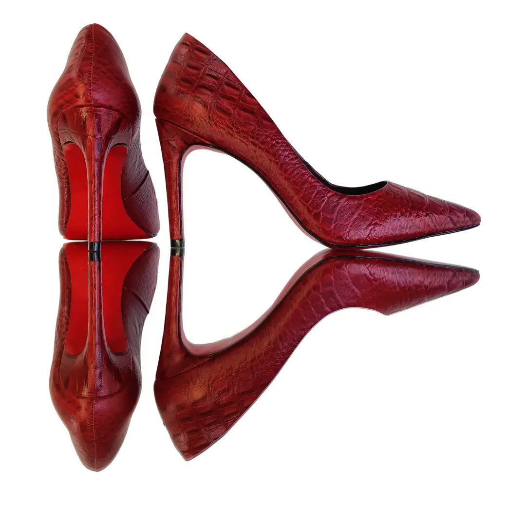 Scarpin Couro Legítimo Vermelho Croco Salto Alto 10cm Sola Vermelha