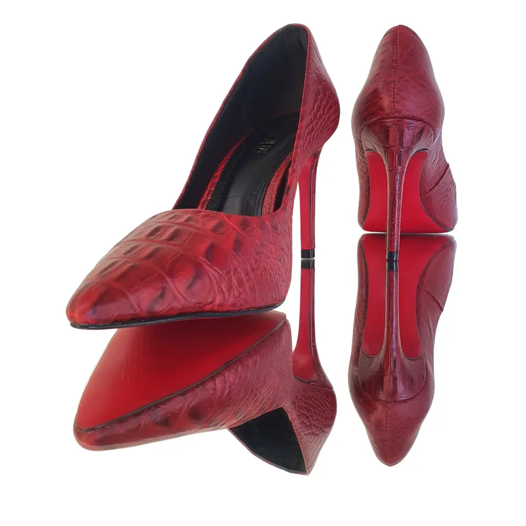 Scarpin Couro Legítimo Vermelho Croco Salto Alto 10cm Sola Vermelha