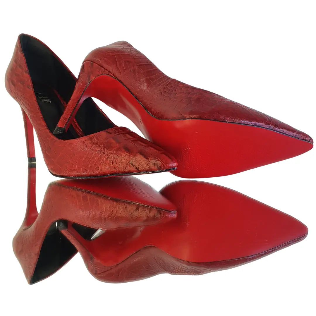 Scarpin Couro Legítimo Vermelho Croco Salto Alto 10cm Sola Vermelha