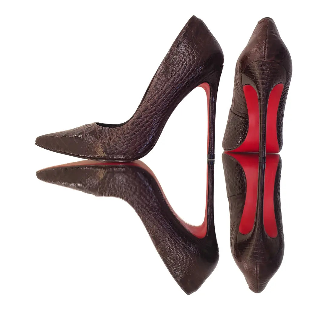 Scarpin Couro Legítimo Marrom Escuro Croco Salto Alto 12cm Sola Vermelha