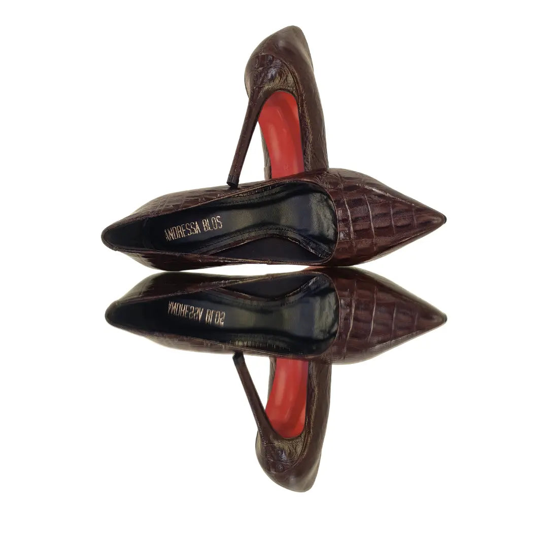 Scarpin Couro Legítimo Marrom Escuro Croco Salto Alto 12cm Sola Vermelha