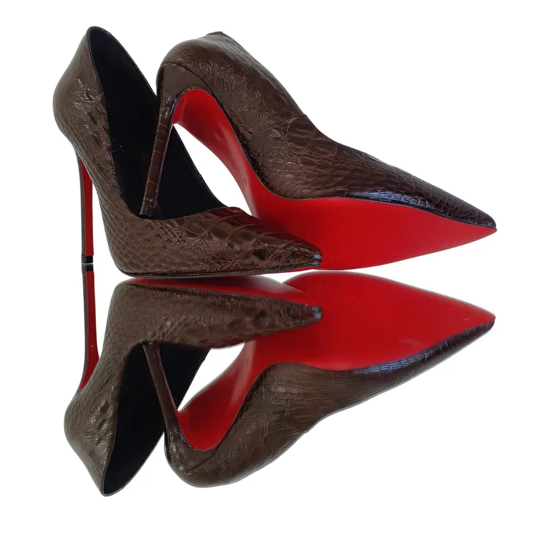 Scarpin Couro Legítimo Marrom Escuro Croco Salto Alto 12cm Sola Vermelha