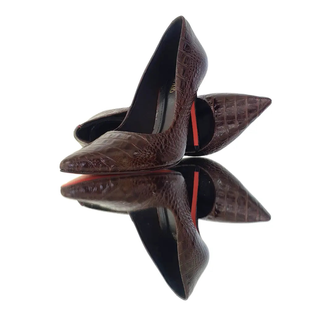 Scarpin Couro Legítimo Marrom Escuro Croco Salto Alto 12cm Sola Vermelha