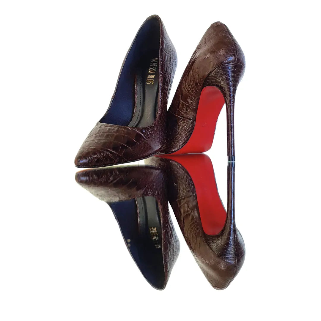 Scarpin Couro Legítimo Marrom Escuro Croco Salto Alto 12cm Sola Vermelha