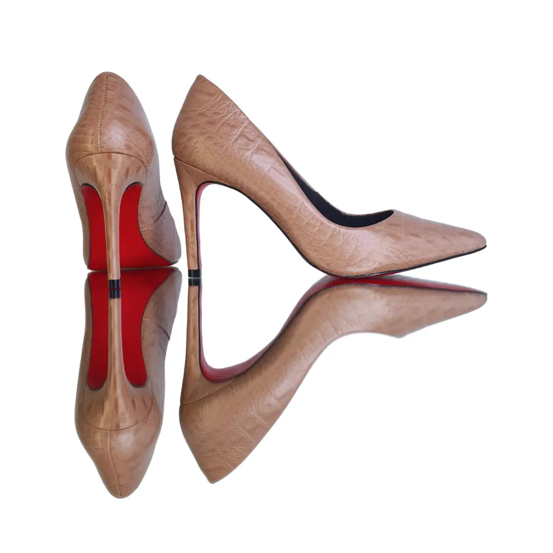 Scarpin Couro Legítimo Nude Croco Salto Alto 10cm Sola Vermelha