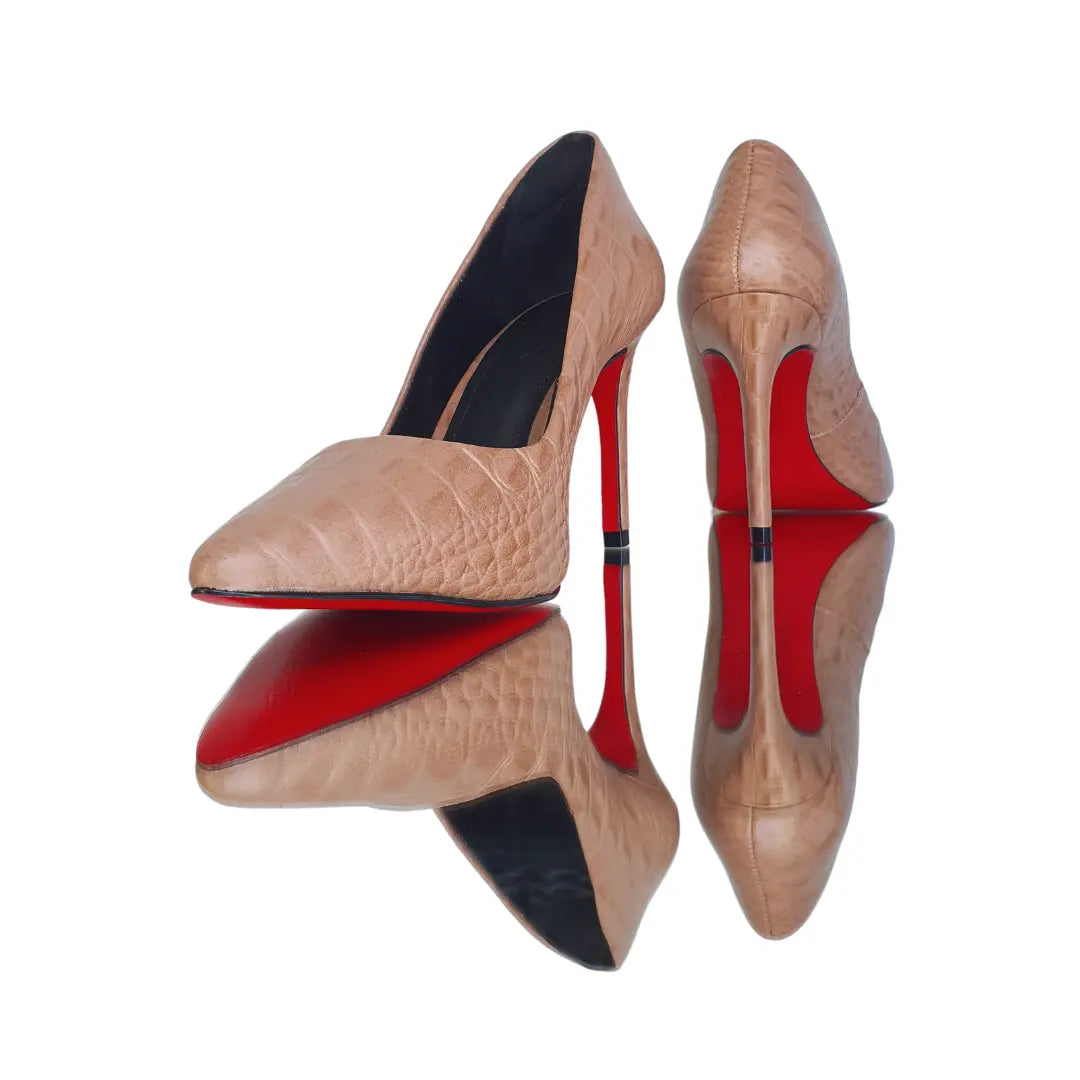 Scarpin Couro Legítimo Nude Croco Salto Alto 10cm Sola Vermelha