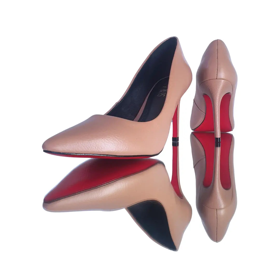 Scarpin Couro Legítimo Nude Fosco Salto Alto 10cm Sola Vermelha