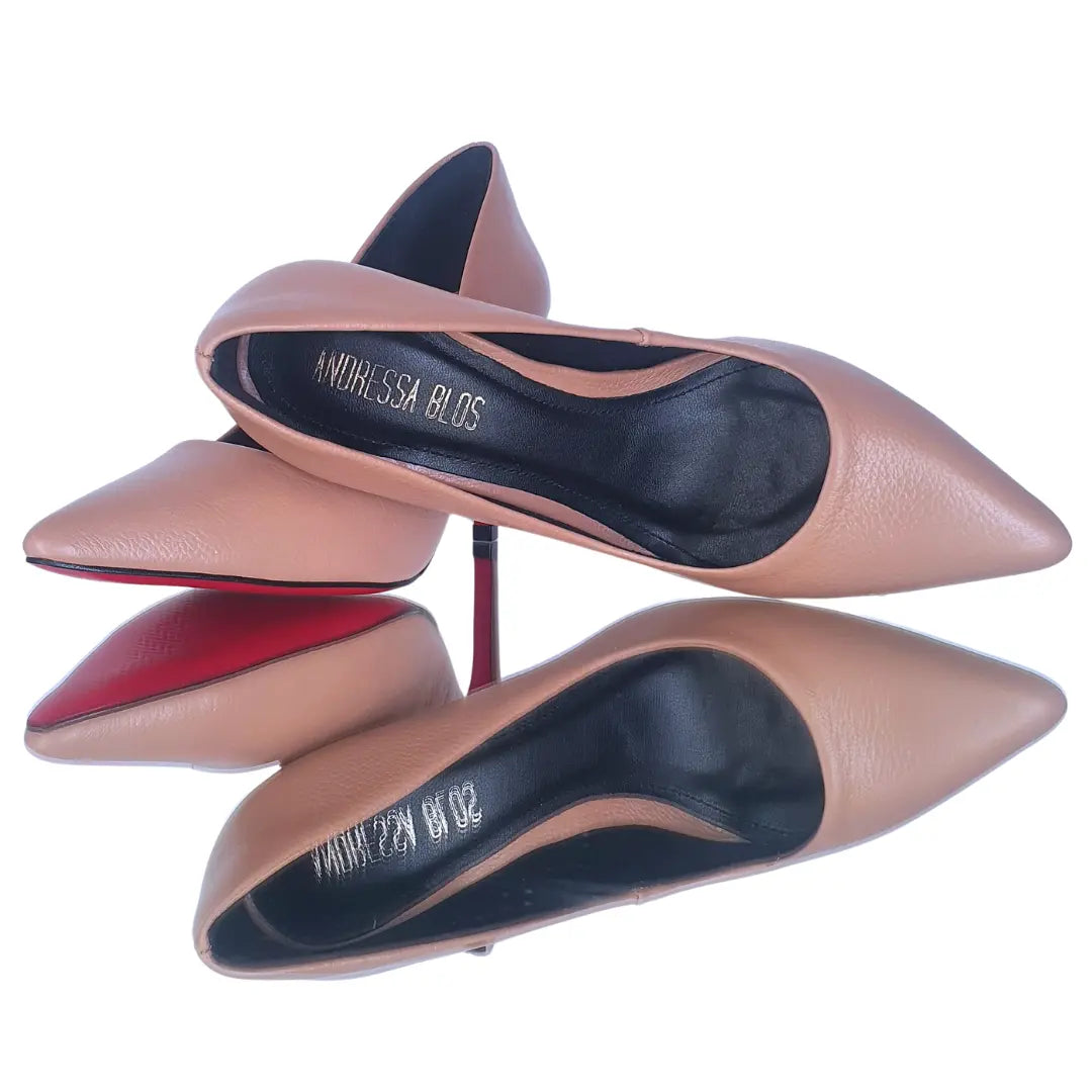 Scarpin Couro Legítimo Nude Fosco Salto Alto 10cm Sola Vermelha