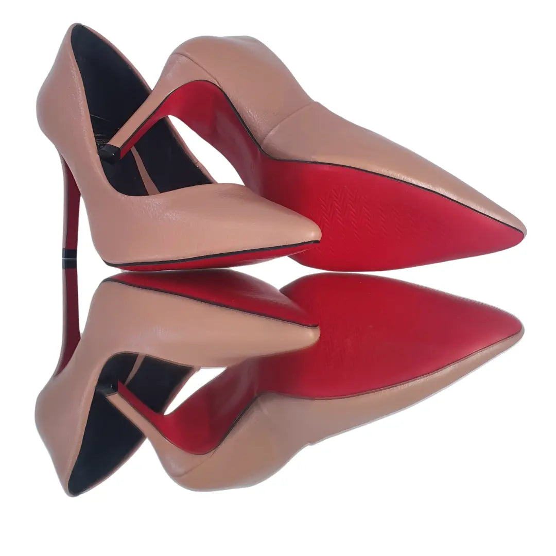Scarpin Couro Legítimo Nude Fosco Salto Alto 10cm Sola Vermelha