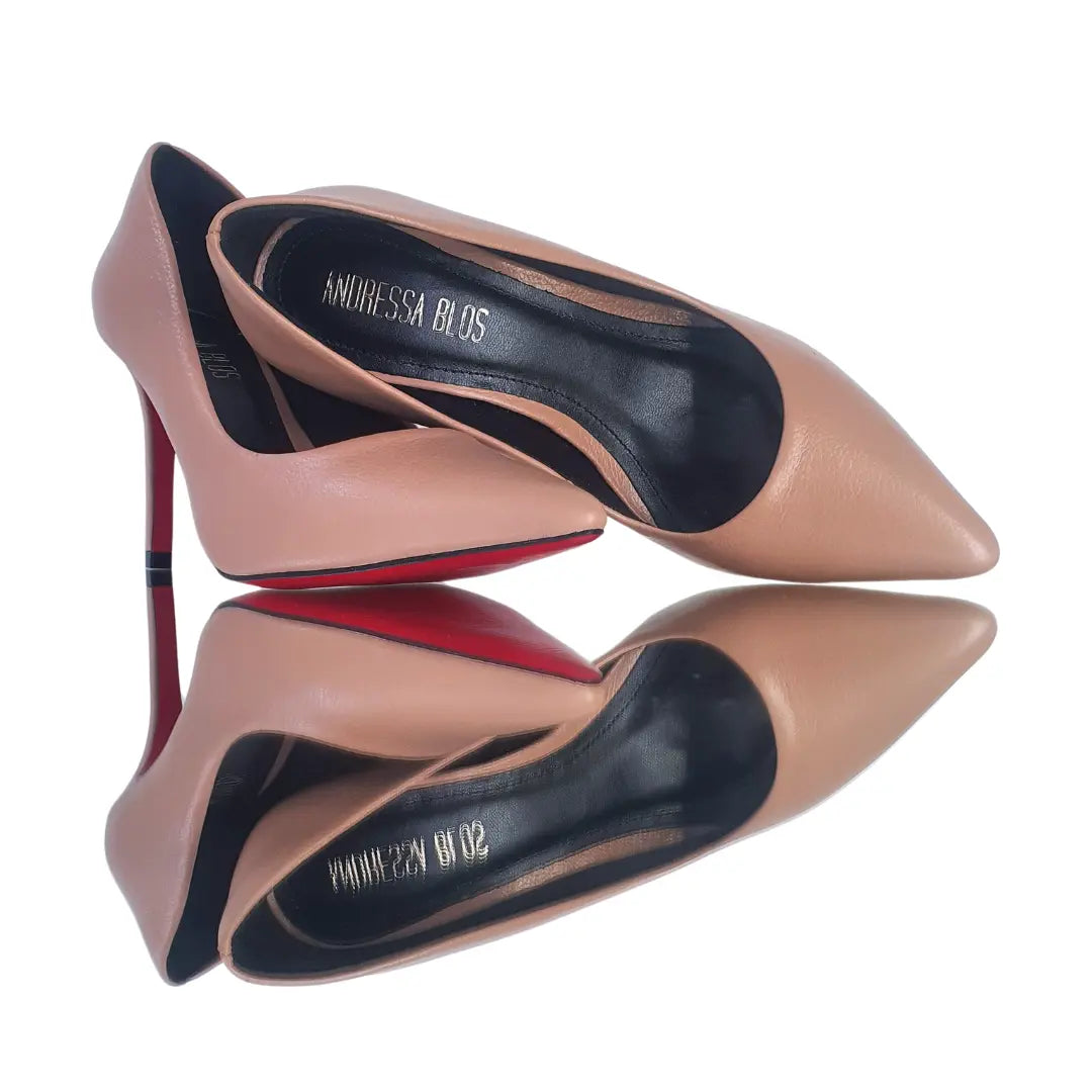 Scarpin Couro Legítimo Nude Fosco Salto Alto 10cm Sola Vermelha