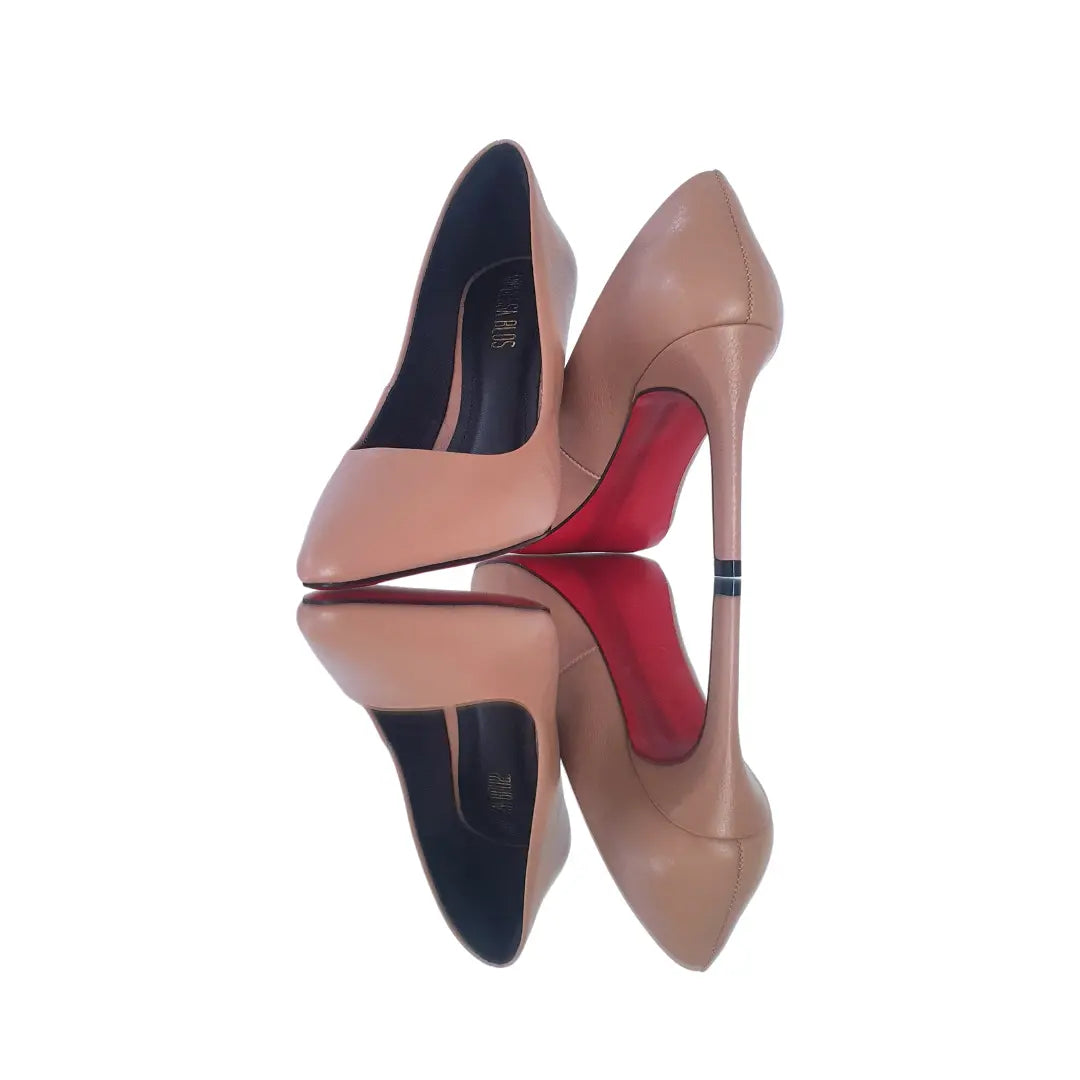 Scarpin Couro Legítimo Nude Fosco Salto Alto 10cm Sola Vermelha