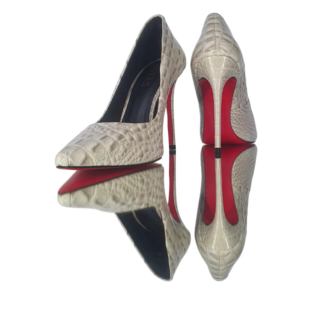 Scarpin Couro Legítimo Off White Croco Salto Alto 12cm Sola Vermelha