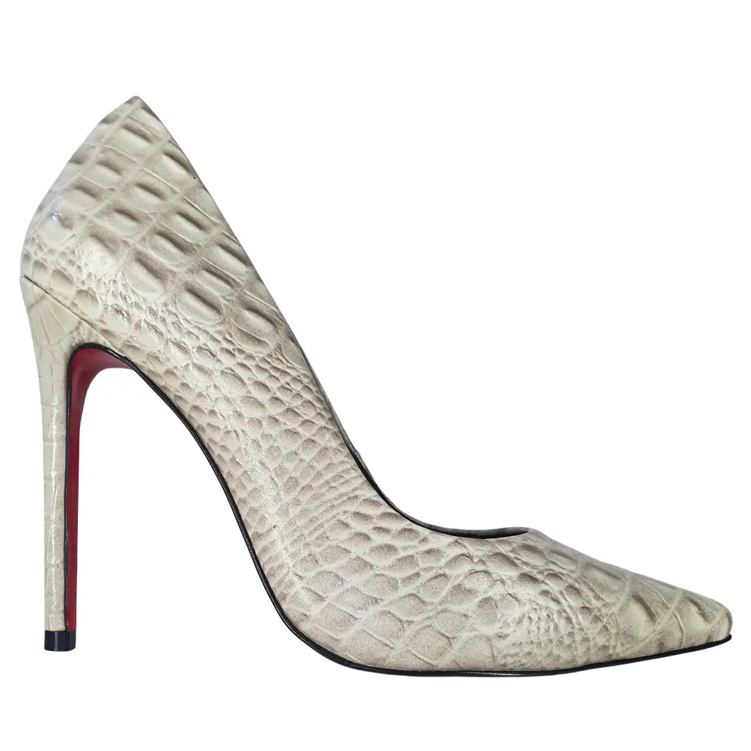 Scarpin Couro Legítimo Off White Croco Salto Alto 12cm Sola Vermelha