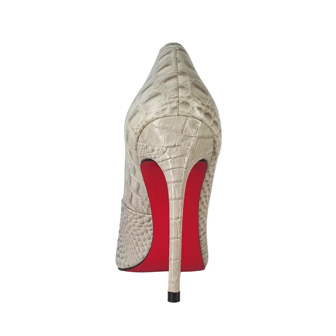 Scarpin Couro Legítimo Off White Croco Salto Alto 12cm Sola Vermelha