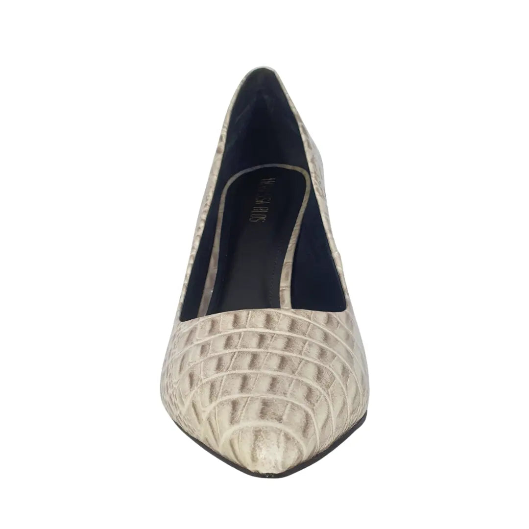 Scarpin Couro Legítimo Off White Croco Salto Alto 12cm Sola Vermelha