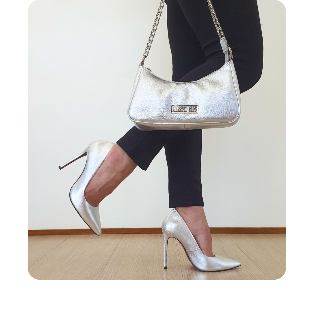 Scarpin Couro Legítimo Prata Metalizado Salto Alto 12cm Sola Vermelha