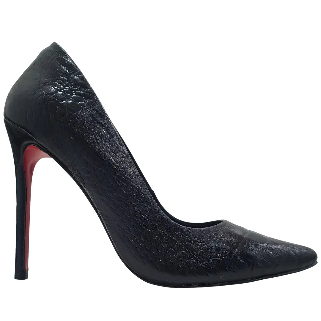Scarpin Couro Legítimo Preto Croco Salto Alto 12cm Sola Vermelha