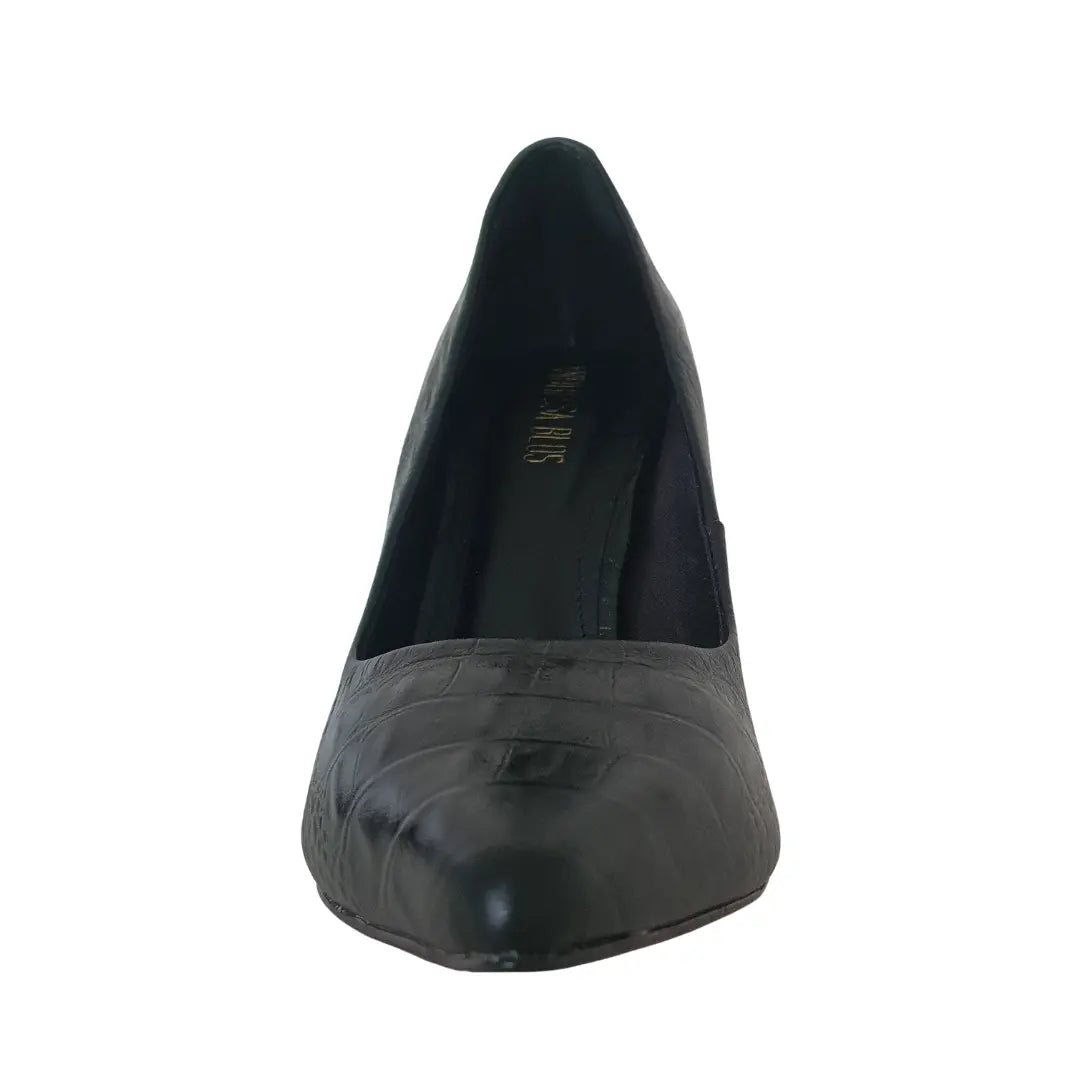 Scarpin Couro Legítimo Preto Croco Salto Alto 12cm Sola Vermelha