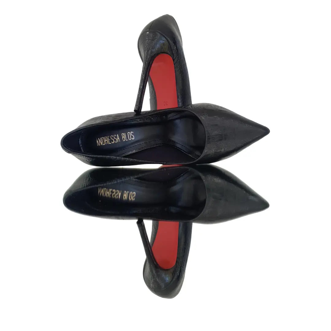 Scarpin Couro Legítimo Preto Croco Salto Alto 12cm Sola Vermelha