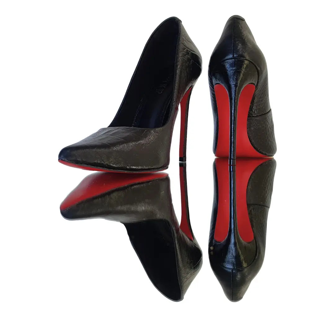 Scarpin Couro Legítimo Preto Croco Salto Alto 12cm Sola Vermelha
