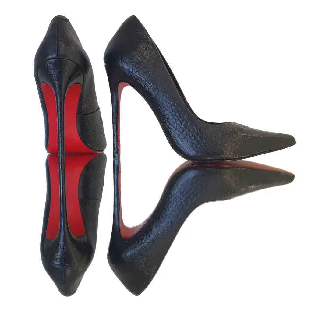 Scarpin Couro Legítimo Preto Croco Salto Alto 12cm Sola Vermelha