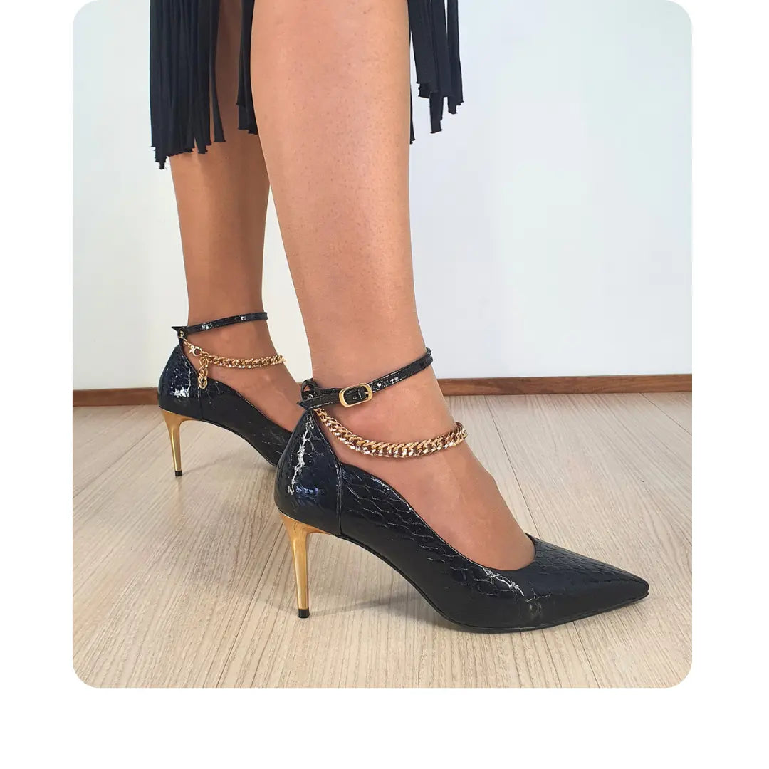 Scarpin Couro Legítimo Preto Croco Salto Alto Dourado 8cm Sola Preta