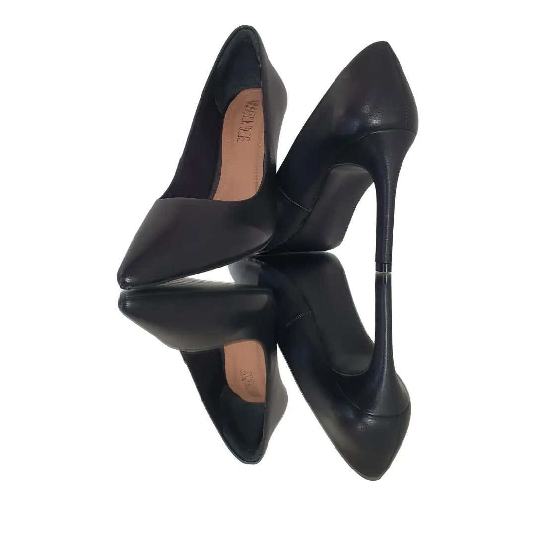 Scarpin Couro Legítimo Preto Fosco Salto Alto 10cm Sola Preta
