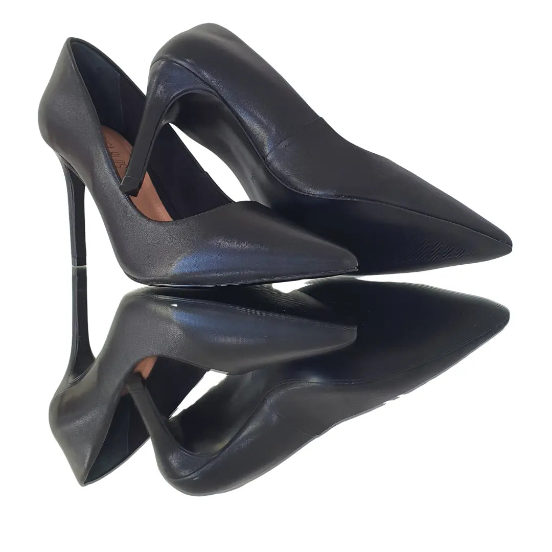 Scarpin Couro Legítimo Preto Fosco Salto Alto 10cm Sola Preta