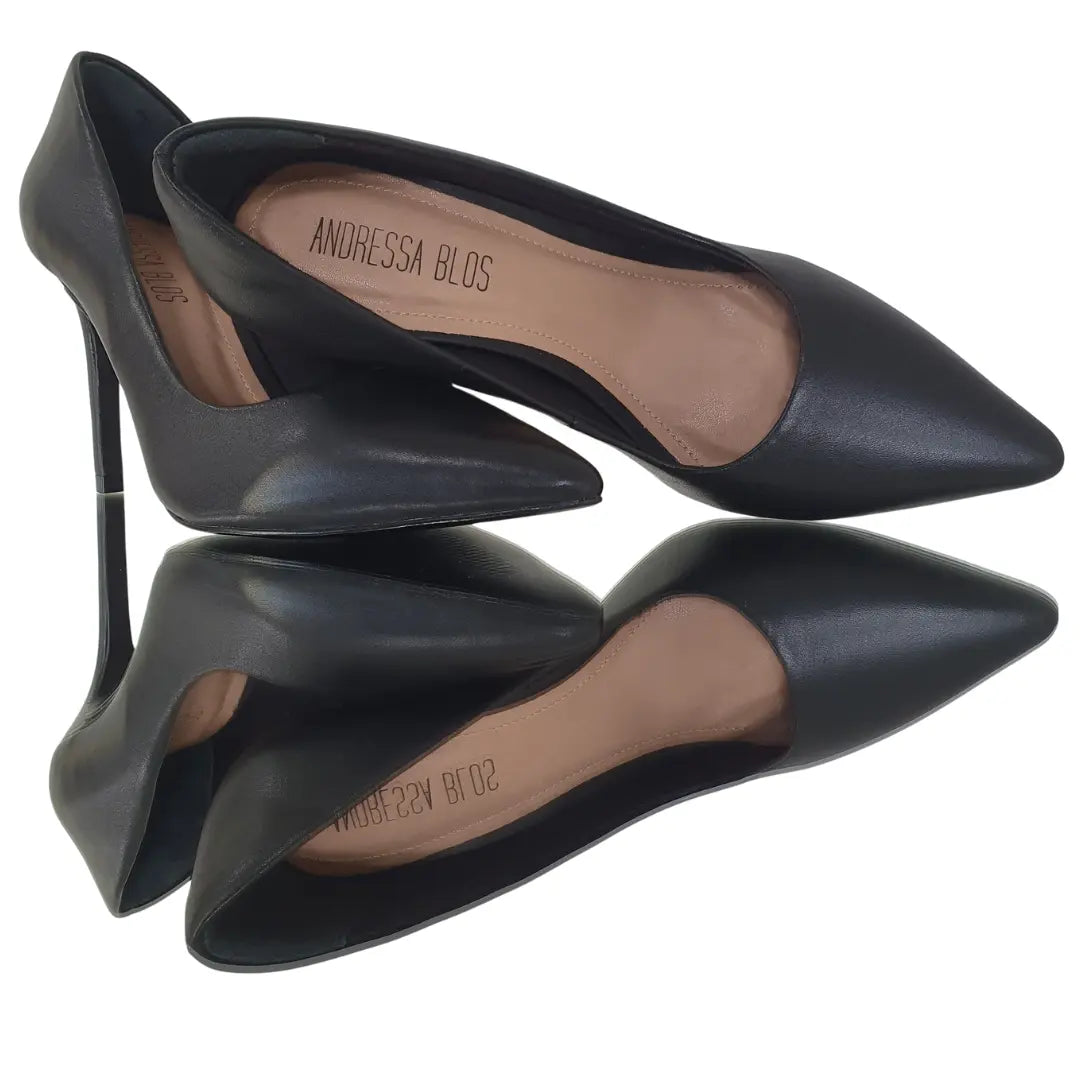 Scarpin Couro Legítimo Preto Fosco Salto Alto 10cm Sola Preta