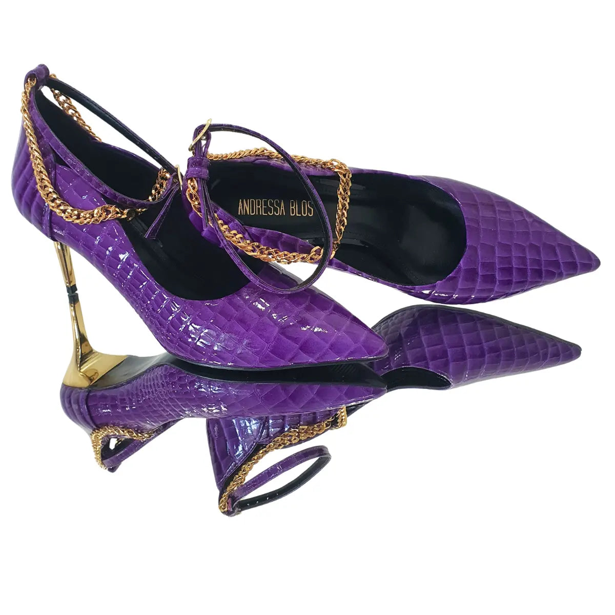 Scarpin Couro Legítimo Roxo Croco Verniz Salto Dourado Sola Preta