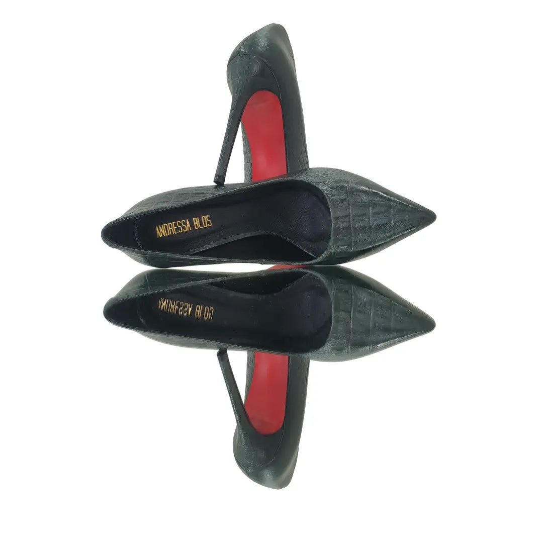 Scarpin Couro Legítimo Verde Militar Croco Salto Alto 12cm Sola Vermelha