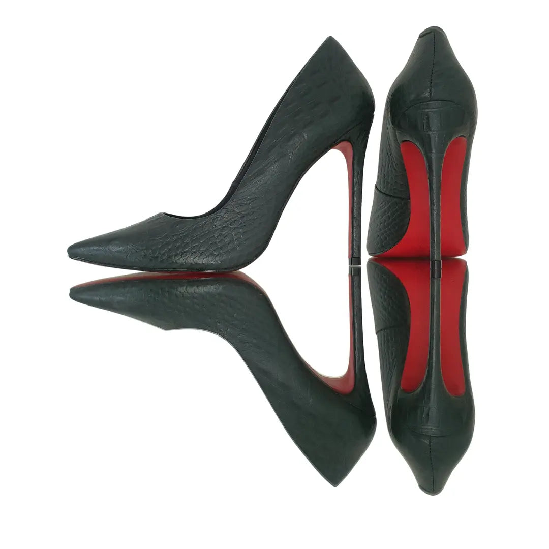 Scarpin Couro Legítimo Verde Militar Croco Salto Alto 12cm Sola Vermelha