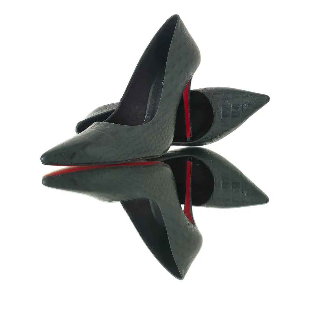 Scarpin Couro Legítimo Verde Militar Croco Salto Alto 12cm Sola Vermelha