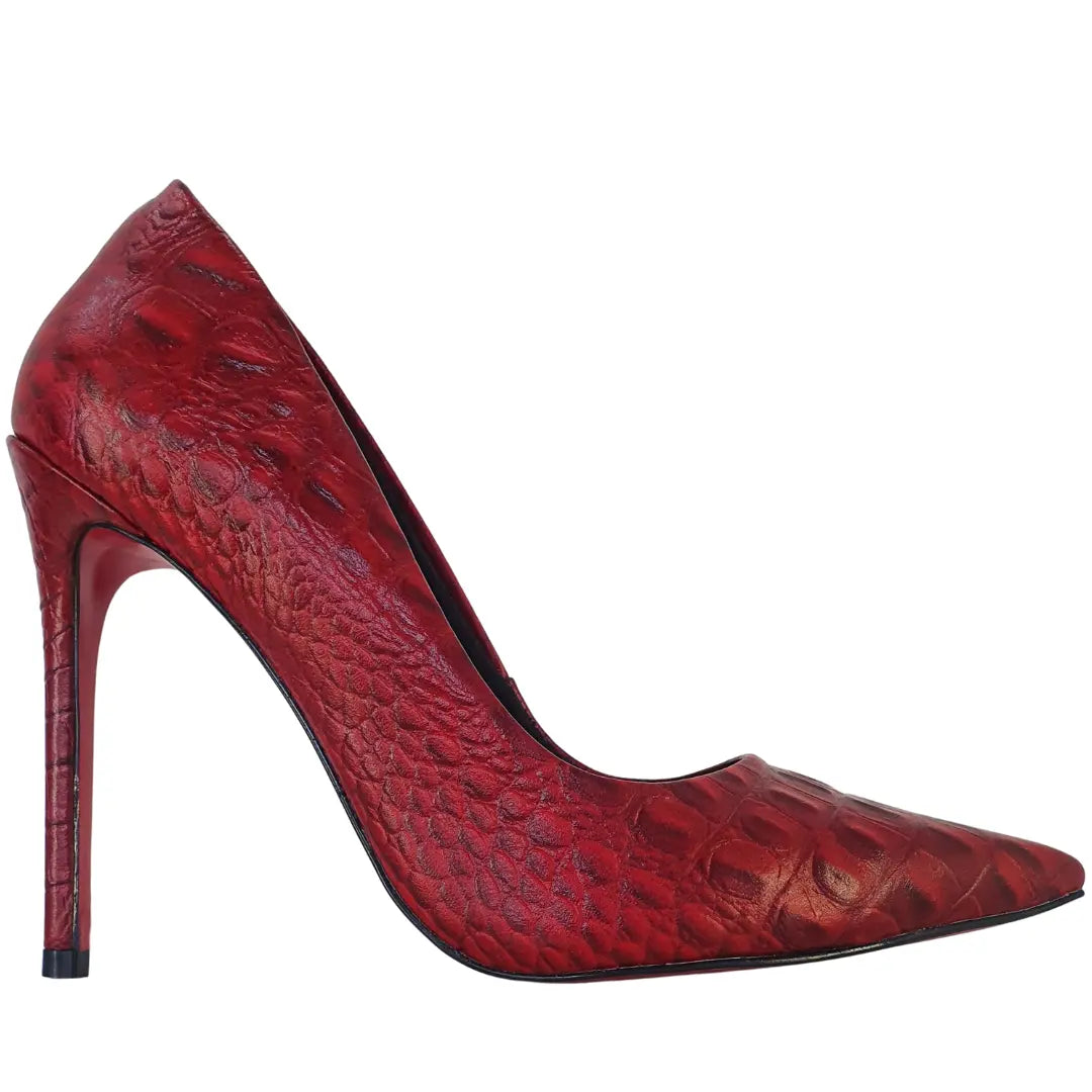 Scarpin Couro Legítimo Vermelho Croco Salto Alto 12cm Sola Vermelha