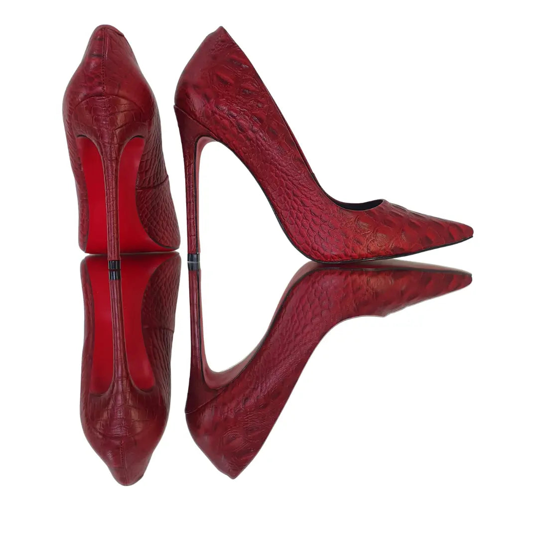 Scarpin Couro Legítimo Croco Vermelho Salto Alto 12cm Sola Vermelha