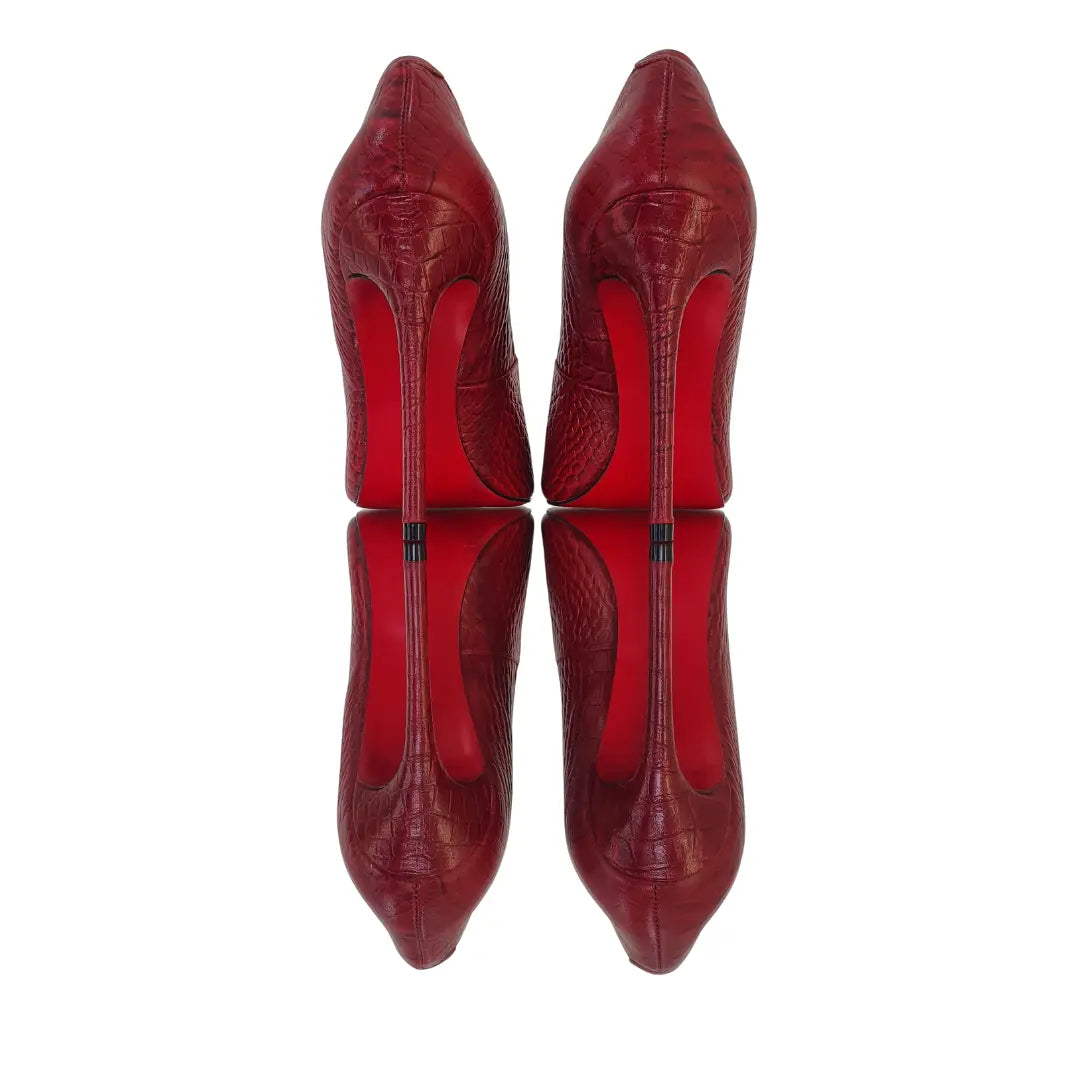 Scarpin Couro Legítimo Croco Vermelho Salto Alto 12cm Sola Vermelha