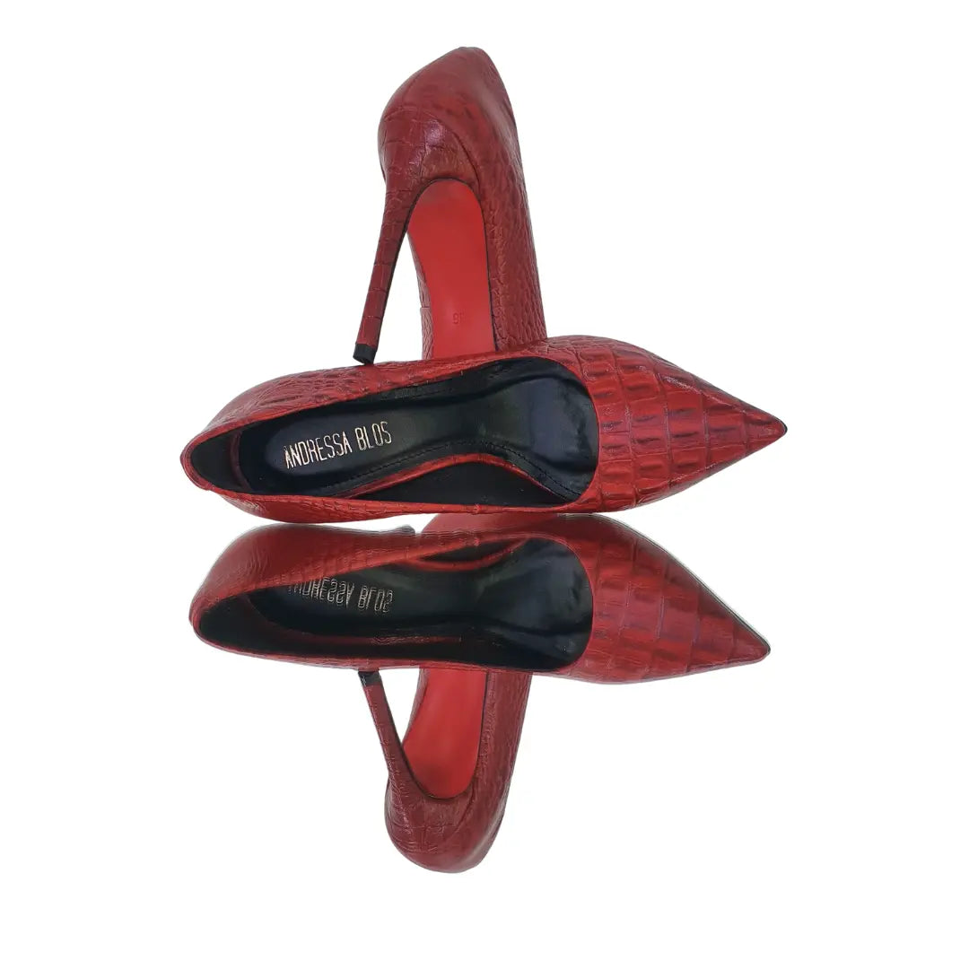 Scarpin Couro Legítimo Croco Vermelho Salto Alto 12cm Sola Vermelha
