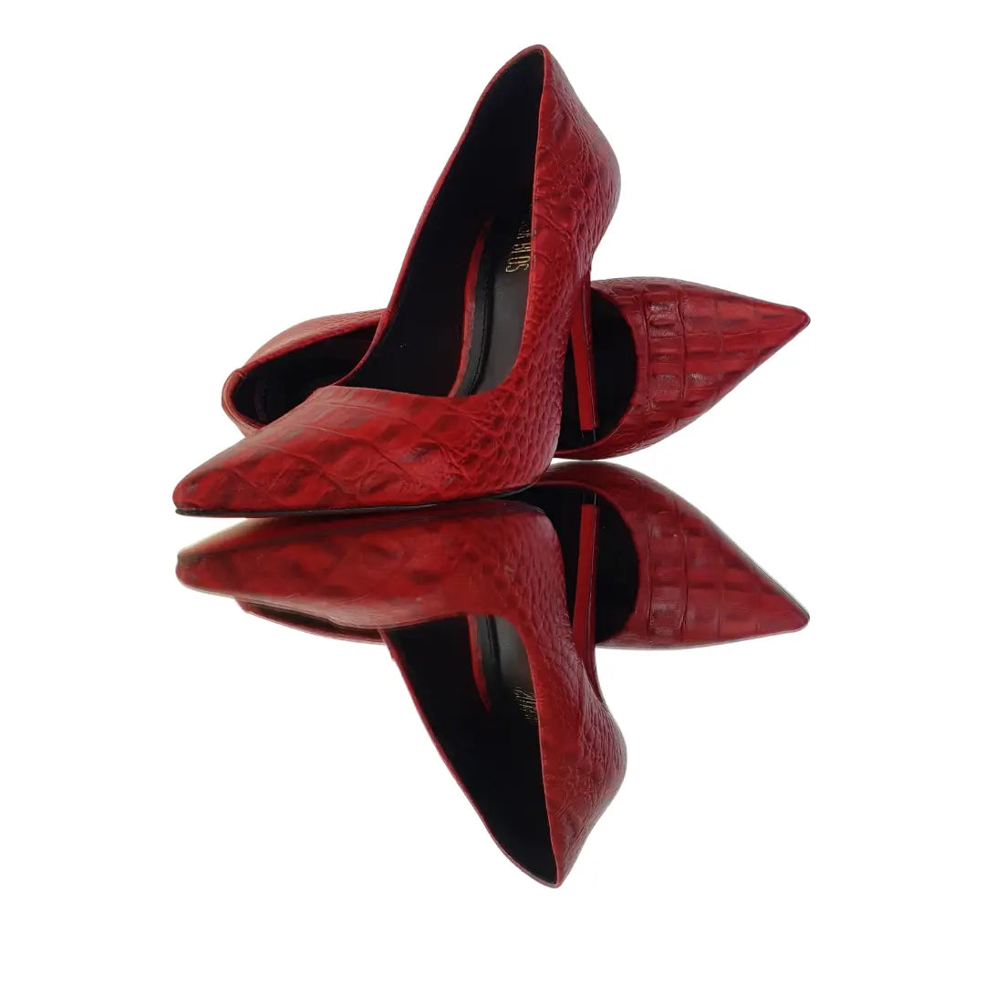 Scarpin Couro Legítimo Croco Vermelho Salto Alto 12cm Sola Vermelha
