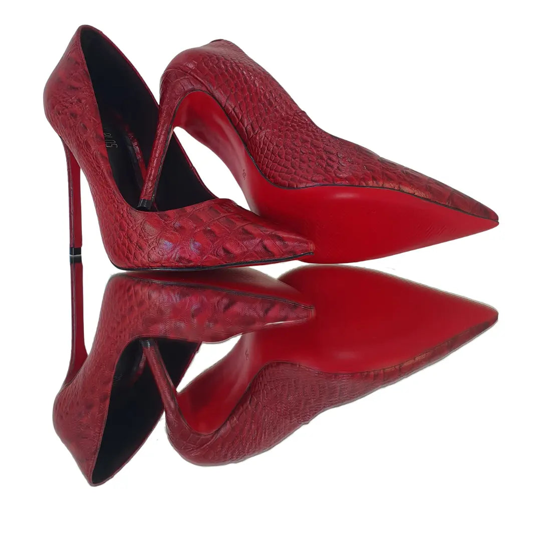 Scarpin Couro Legítimo Croco Vermelho Salto Alto 12cm Sola Vermelha