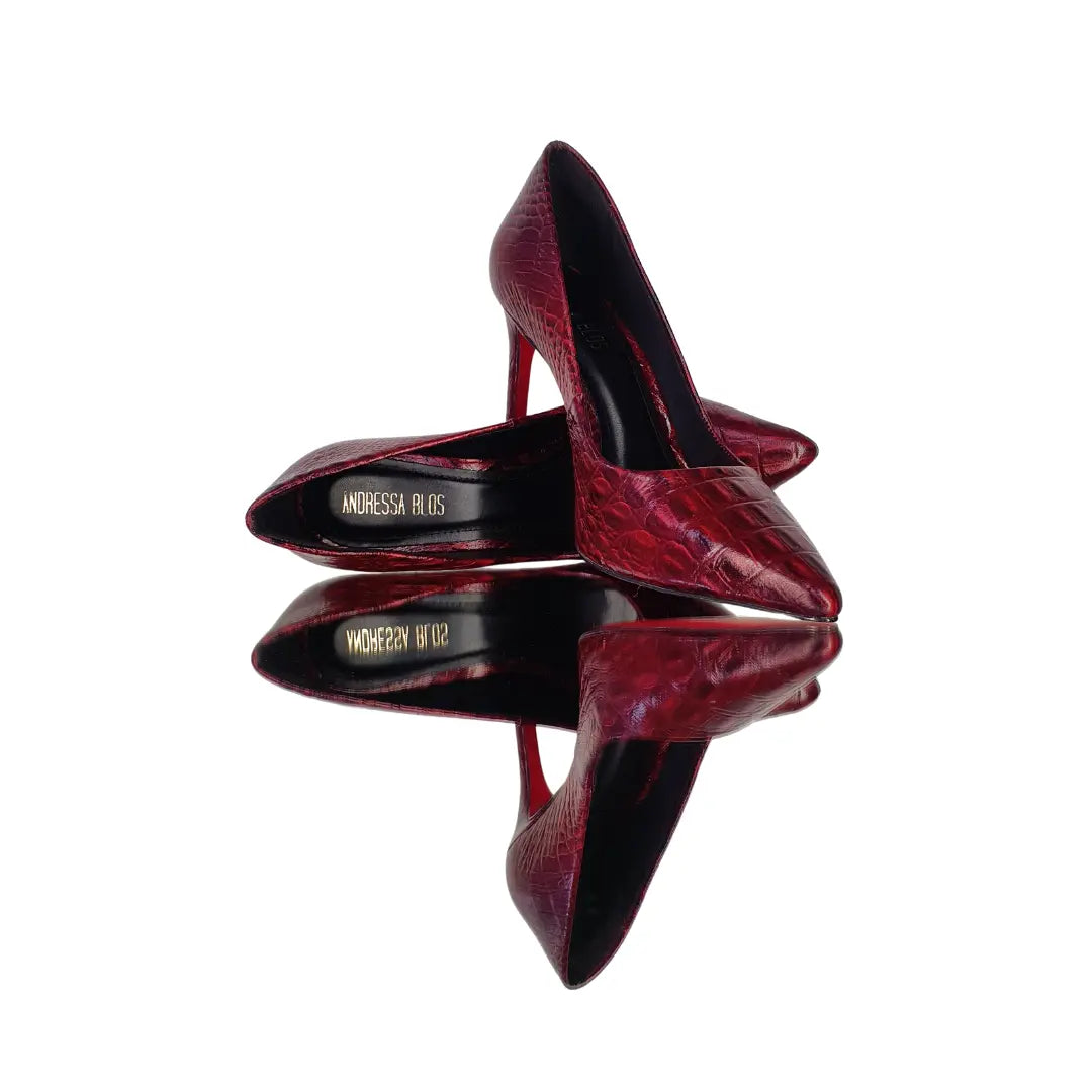 Scarpin Couro Legítimo Vinho Croco Salto Alto 10cm Sola Vermelha