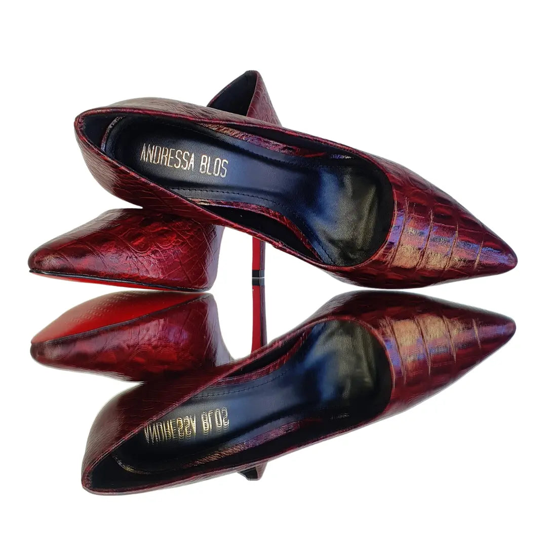 Scarpin Couro Legítimo Vinho Croco Salto Alto 10cm Sola Vermelha