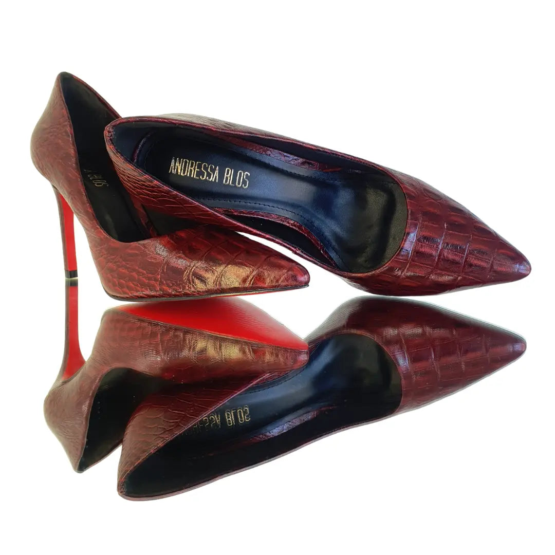 Scarpin Couro Legítimo Vinho Croco Salto Alto 10cm Sola Vermelha