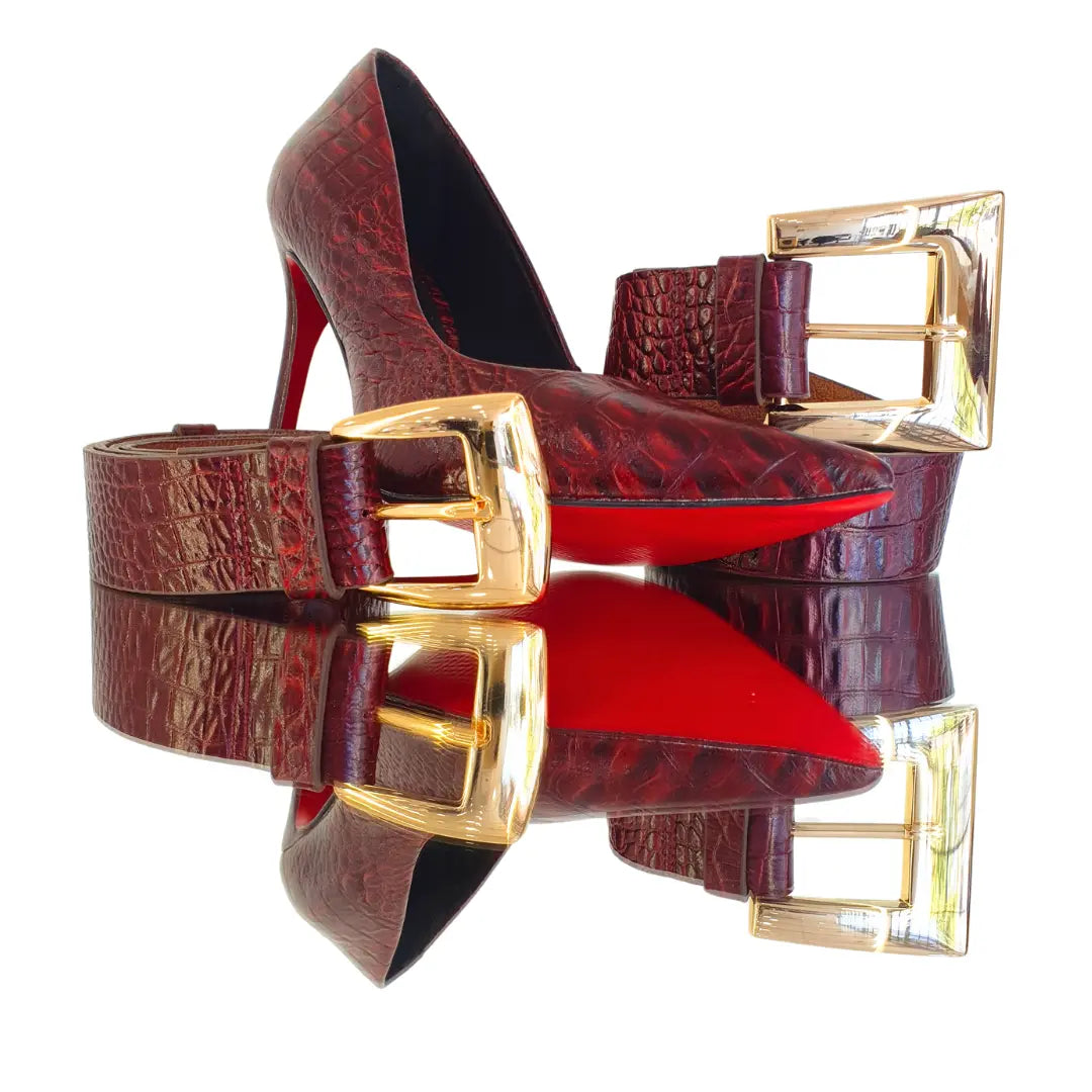 Scarpin Couro Legítimo Vinho Croco Salto Alto 12cm Sola Vermelha