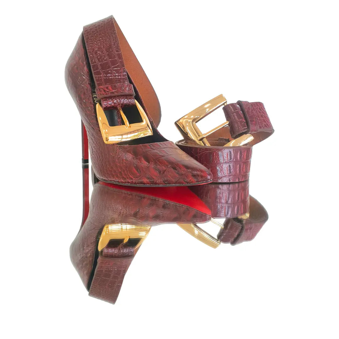 Scarpin Couro Legítimo Vinho Croco Salto Alto 12cm Sola Vermelha