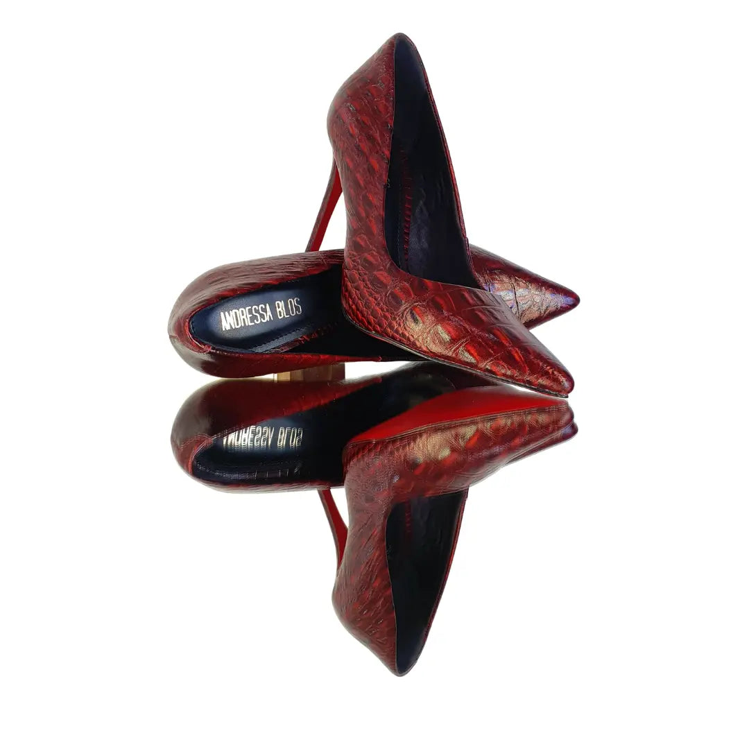 Scarpin Couro Legítimo Vinho Croco Salto Alto 12cm Sola Vermelha