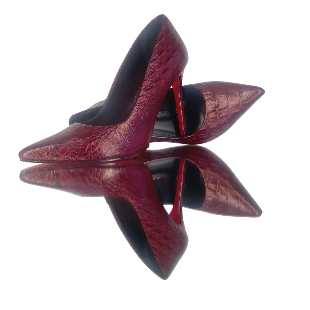 Scarpin Couro Legítimo Vinho Croco Salto Alto 12cm Sola Vermelha