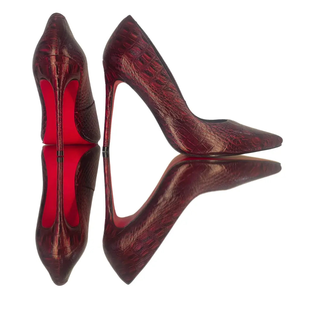 Scarpin Couro Legítimo Vinho Croco Salto Alto 12cm Sola Vermelha